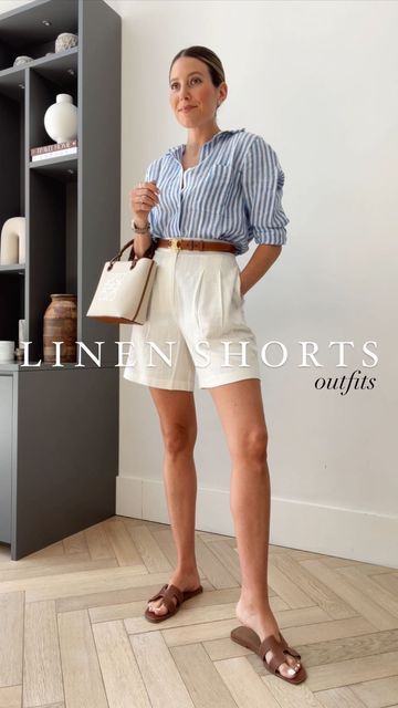 Sarah & Philippa on Instagram: "Linen shorts outfit inspo 🤍 Direct links over on stories/saved under 'reels links' 🫶🏼" Tailored Shorts Outfit, Linen Shirt Outfit Women, Short Women Outfits, Linen Shorts Outfit, Linen Shirt Outfit, Outfits With Striped Shirts, White Shorts Outfit, Shirt Outfit Summer, Blue Shirt Women