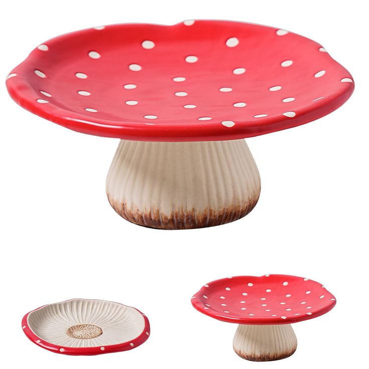 three different types of mushroom shaped dishes on white background, including one with polka dots