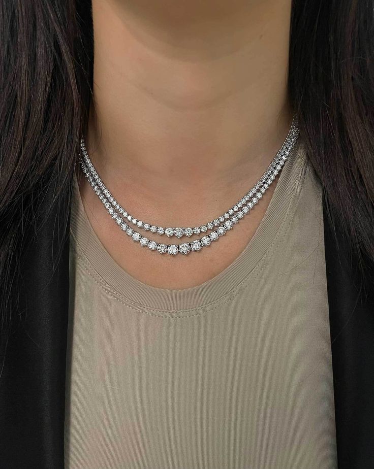 Graduating white diamonds beautifully balance this fierce tennis necklace. Available in two carat weights for your perfect layered look with our Herringbone Chain Necklace. Herringbone Chain Necklace, Diamond Ear Cuff, Necklace Length Guide, Bracelet Size Chart, Diamond Huggies, Diamond Tennis Necklace, Herringbone Chain, Kids Rings, Kids Bracelets