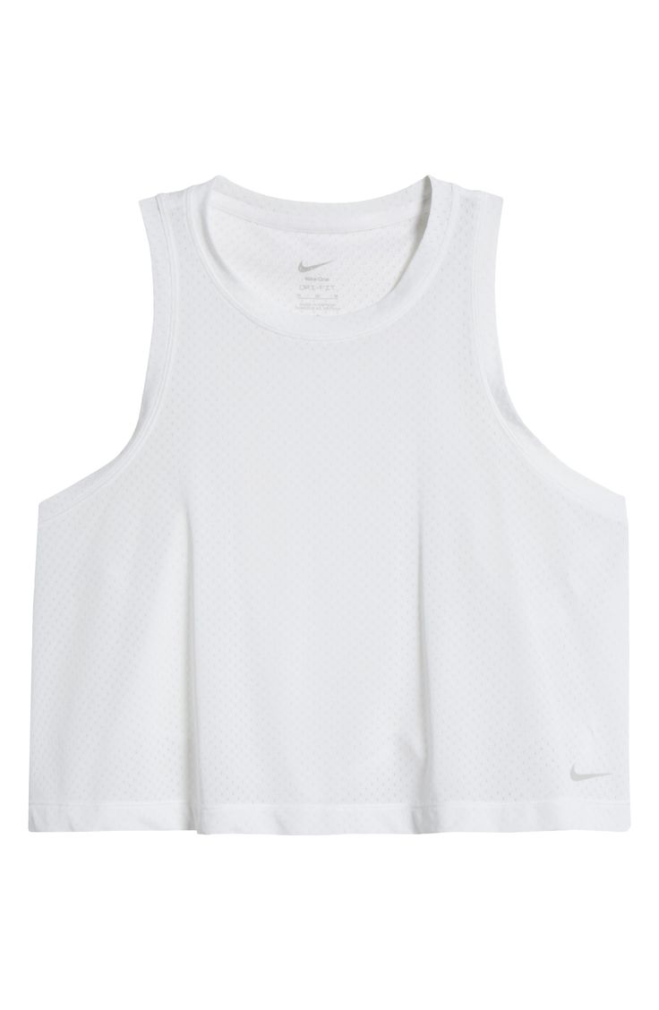 Head to the gym or studio in this breathable mesh tank constructed from sweat-wicking Dri-FIT fabric in a playfully cropped silhouette. 18 1/2" length (size Medium) Crewneck Semisheer Dri-FIT moisture-wicking technology 80% polyester, 20% spandex Machine wash, tumble dry Imported Athleisure Crop Top With Mesh Back And Medium Support, Nike Stretch Sports Crop Top, Nike Stretch Crop Top For Sports, Nike Athleisure Crop Top For Gym, Breathable Cropped Sportswear Tops, Nike Technical Tops For Light Sports, Nike Technical Breathable Tops, Nike Athleisure Crop Top For Sports, Nike Stretch Crop Top For Workout