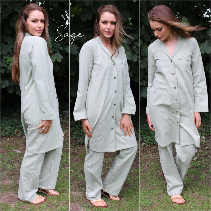 Super comfortable pyjama set in soft linen fabric. The top is a simple, classic style nightshirt in a comfortable oversize fit. Long sleeves and a button-down front with bust pocket, makes for a style that will never go out of fashion. The pants are flattering, comfortable and versatile. They feature an elasticated waistband flowing into beautiful straight long legs. The pockets help make them super practical. This style feels and works like pyjamas but can be dressed up also. Never feel shabby Relaxed Fit Full Length Sleepwear, Linen Sleepwear For Pajama Party In Relaxed Fit, Casual Linen Sleepwear For Pajama Party, Casual Linen Sleepwear, Relaxed Fit Linen Sleepwear For Loungewear, Linen Sleepwear For Pajama Party With Relaxed Fit, Relaxed Linen Sleepwear For Loungewear, Linen Sleepwear For Pajama Party, Relaxed Linen Sleepwear For Lounging