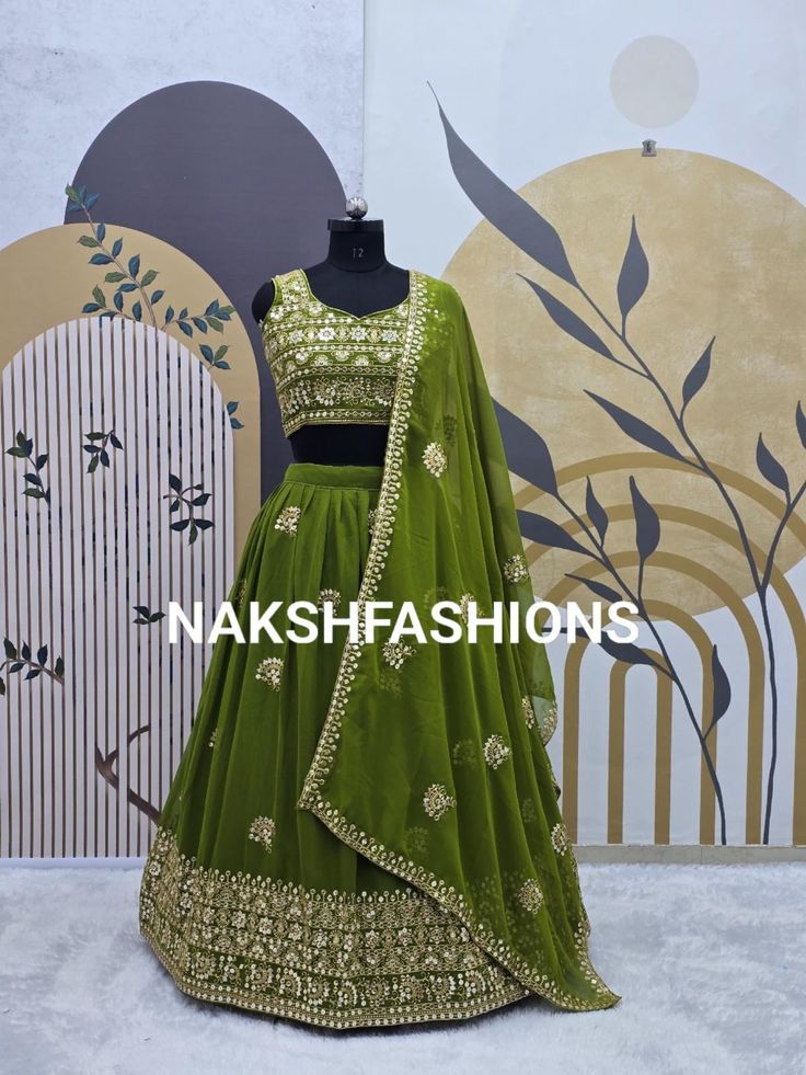 Mehndi Color Embroidered Attractive Party Wear Silk Lehenga choli has a Regular-fit and is Made From High-Grade Fabrics And Yarn. 💃 Lehenga Fabric :- Georgette 9 mm Sequence Work.  💃 Dupatta Fabric :- Heavy Georgette Sequence 9 mm With Fancy Border Less Work (dupatta size 2.40 meter) 💃 Blouse Fabric :- Georgette, Sequence 9mm Work 💃 Lehenga Inner :- Micro Silk 💃 Blouse Work :-Sequence 9mm Work, Coding Work, Embroidery Work, Zari Work.  💃 Lehenga Work :- Multi Needle Work, Sequence 9mm Work Eid Pista Green Choli With Cutdana, Green Georgette Choli With Cutdana, Pista Green Cutdana Choli For Navratri, Pista Green Cutdana Party Choli, Navratri Pista Green Cutdana Choli, Festival Reception Sets With Zari Work, Navratri Choli With Zari Work In Georgette, Pista Green Georgette Sets For Festivals, Green Embroidered Georgette Lehenga