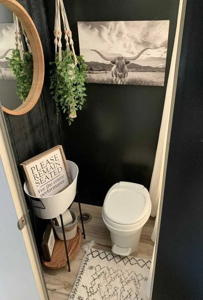 a bathroom with black walls and a white toilet next to a rug on the floor