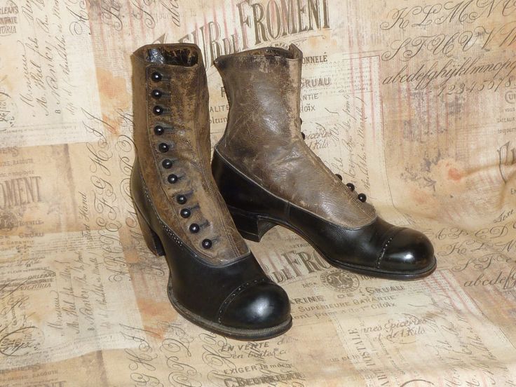 "One pair of Antique Victorian/Edwardian Button boots. The boots are made of a black leather, with a tan leather upper, glass buttons.  Bottom soles are leather, and do not show any wear-appear to be unworn.    They are in very nice vintage condition-light scuffing due to age and storage-there are 3 missing buttons on one boot.  I have not polished.   Approx Measurements- 9 1/2\" heel to toe 3\" across bottom sole at widest point, overall height 5 1/2\"-these measurements are taken on the outsid Leather Cap Toe Boots With Buttons, Classic Leather Boots With Buttons, Classic Boots With Buttons And Round Toe, Victorian Leather Boots For Formal Occasions, Vintage Leather Boots With Buttons, Victorian Black Boots With Round Toe, Black Victorian Boots With Round Toe, Victorian Black Boots For Formal Occasions, Black Victorian Boots For Formal Occasions