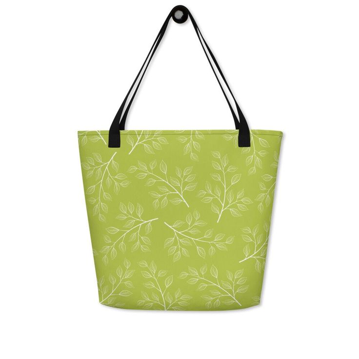 "Modern, botanical print of chartreuse green leaves. This pretty tote bag is perfect for carrying everything thing you need for a day out, the larger size is great for a school bag, and the medium is a great all purpose tote or reusable shopping bag.  Medium Tote Bag: - 15\" x 15\" (38.1cm x 38.1cm) - Sturdy construction, with 100% polyester fabric with vibrant colors that won't fade, and can hold up to 44 lbs! - Comfortable, natural cotton bull denim handles, make this bag easy to carry. length 11.8\" (30 cm), width 1\" (2.5cm) Large tote bag: - 16 x 20 inches - Sturdy construction, with 100% polyester fabric with vibrant colors that won't fade, and can hold up to 44 lbs! - Large inside pocket, so smaller items like your phone and keys are easy to find - Comfortable cotton webbing handles Eco-friendly Green Bags For Vacation, Eco-friendly Green Vacation Bags, Green Bag For Summer Gifts, Green Bags As Summer Gifts, Green Bags For Summer Gifts, Green Tote Bag With Eco-friendly Ink, Casual Green Reusable Bag, Rectangular Bags With Plant Print For Daily Use, Everyday Rectangular Bag With Plant Print