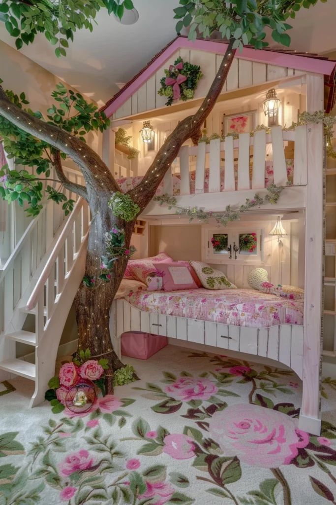 a bedroom with bunk beds, stairs and flowers on the carpeted floor is decorated in pink