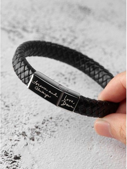 Braided Leather Bracelet With Actual Handwriting Black Engraved Leather Bracelet, Classic Black Leather Bracelet Engraved, Classic Black Engraved Leather Bracelet, Rectangular Leather Bracelet As A Gift, Rectangular Leather Bracelet For Gift, Black Leather Bracelet With Engraving Option, Rectangular Leather Bracelet Gift, Classic Leather Bracelets With Engraving, Black Engraved Rectangular Leather Bracelet