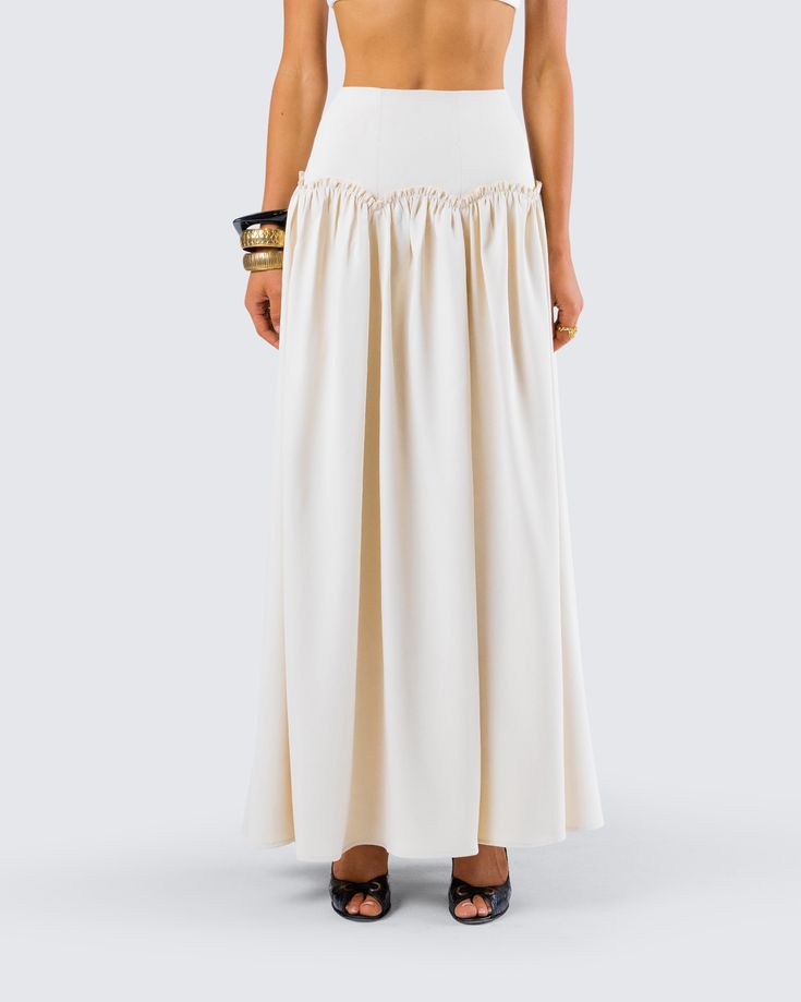 Elevate your look with this cream ruched maxi skirt 🤍 With a fitted waist and a voluminous skirt - this piece, made from poly suiting fabric, will add the perfect amount of dramatics to your look 😙 Ruched Maxi Skirt For Formal Occasions, Elegant Ruched Maxi Skirt For Formal Occasions, Elegant Ruched Maxi Skirt For Formal Events, Ruched Draped Long Skirt For Formal Occasions, Formal Ruched Long Draped Skirt, Formal Long Draped Ruched Skirt, Formal Long Ruched Draped Skirt, Chic Gathered Maxi Skirt For Summer, Formal Ruched Draped Flowy Skirt