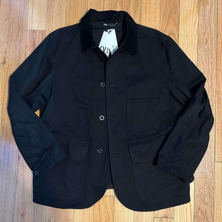 Brand New Still With Tags, Zara Woven Jacket With Pocket And Corduroy Details, Collar And Inside Wrists. Never Worn. Black. Xl Casual Black Button-up Blazer, Black Cotton Utility Jacket For Everyday, Everyday Black Cotton Utility Jacket, Winter Cotton Utility Blazer, Classic Black Utility Jacket For Everyday, Black Cotton Outerwear With Flap Pockets, Black Blazer With Patch Pockets And Lapel Collar, Black Blazer With Lapel Collar And Patch Pockets, Winter Utility Blazer With Lapel Collar