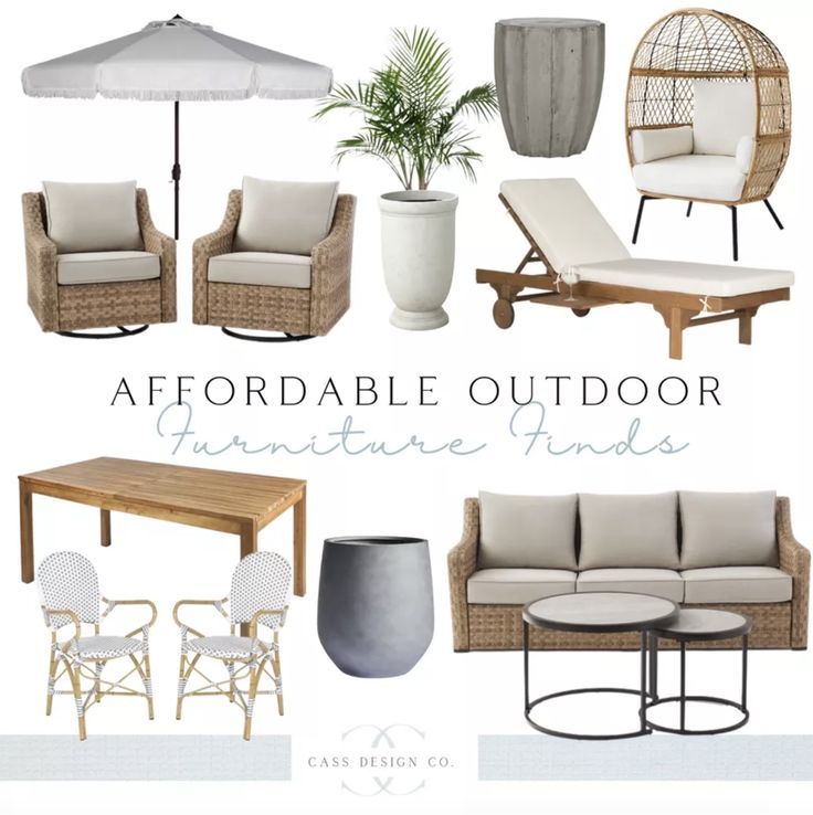 an outdoor furniture guide with chairs, tables and umbrellas