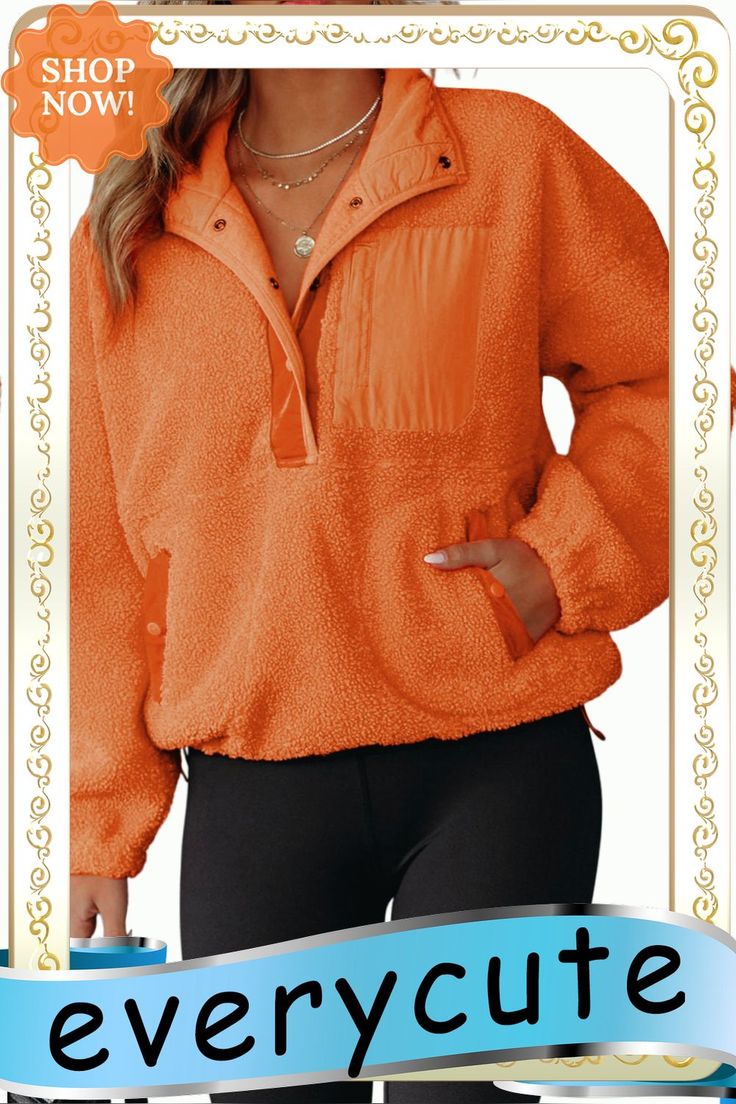 Orange Half Button Pocketed Fleece Pullover Sweatshirt Orange Fleece, Winter Sweatshirt, Outerwear Women, Pullover Sweatshirt, Fall Winter, Sweatshirts Hoodie, Orange, Sweatshirts