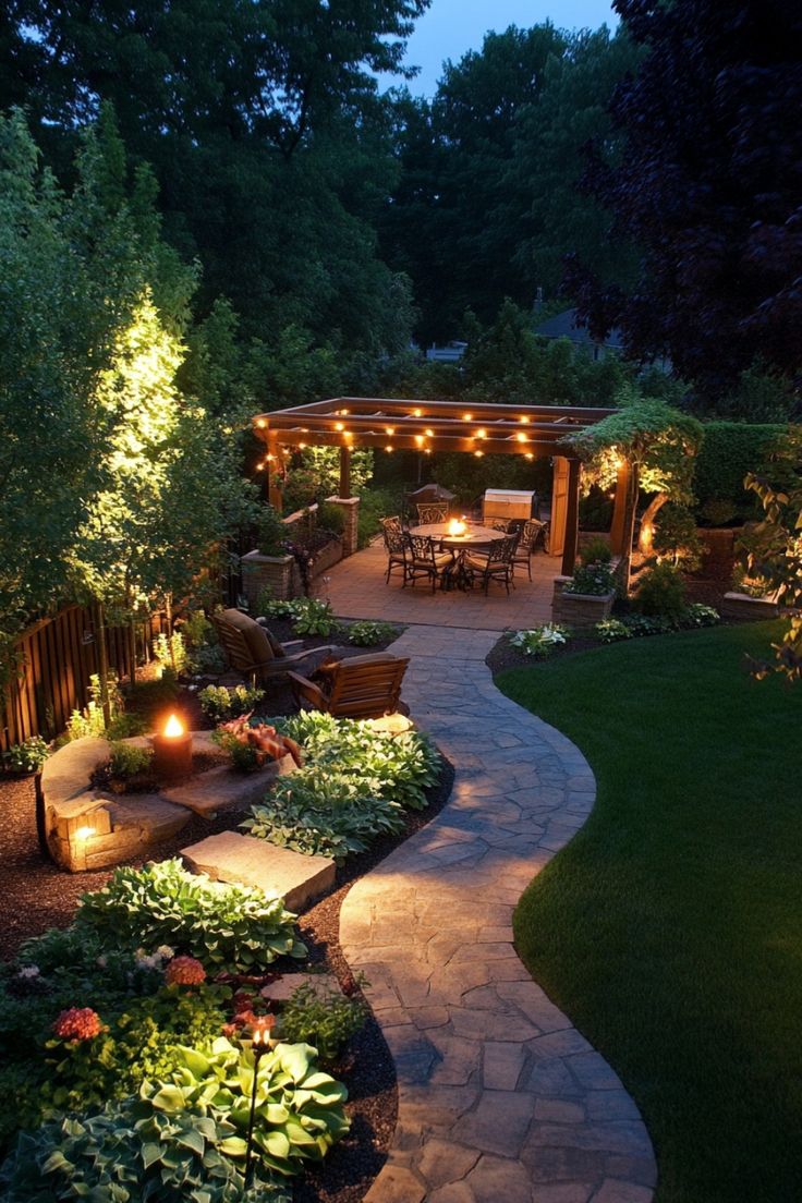 Well-lit backyard with a stone pathway, lush garden, and a pergola-covered seating area beneath string lights. Patio Pagoda Ideas, Large Yard Ideas Backyards, Backyard Twinkle Lights Patio, Sloped Backyard Patio Ideas, Ranch Patio Ideas Backyards, Garden For Small Backyard, Trampoline Backyard Landscaping, Inviting Backyard Ideas, Gazebo Garden Landscaping