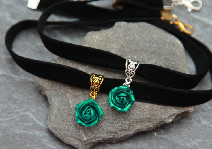 Green rose choker Polymer clay flower Womens choker green Clay pendant velvet ribbon Fimo jewelry Unique choker Green Jewelry Gift With Rose Design, Green Jewelry With Rose Design For Gift, Green Rose Design Jewelry For Gift, Black Flower Choker As A Gift, Black Flower Choker For Gifts, Black Ribbon Choker, Unique Choker, Rose Choker, Fimo Jewelry