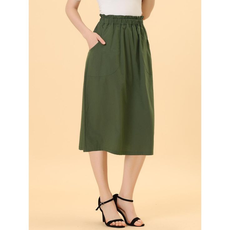 Remember the good times in this cotton A-line midi skirt.Simple and delicate, this skirt features elastic waist, slash pocket, solid color, cotton fabric, A-line, and midi length. From Monday to Sunday, this skirt is effortless to throw on. With the design of elastic waist, this skirt is easy to wear for all kinds of body shapes. Pair perfectly with a T-shirt or shirt for a stylish look. Cotton Skirt With Pockets For Daywear, Spring Cotton Maxi Skirt With Pockets, Cotton Maxi Skirt With Pockets For Spring, Spring Maxi Skirt With Pockets For Daywear, Green Cotton Casual Maxi Skirt, Spring Green Skirt With Elastic Waistband, Relaxed Maxi Skirt With Pockets For Daywear, Green Skirt With Elastic Waistband For Spring, Spring Midi Skirt With Pockets