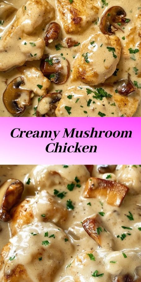 creamy mushroom chicken with mushrooms and gravy in a white sauce