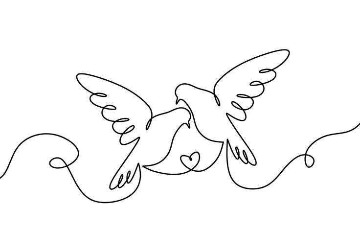 a line drawing of two birds flying in the air with hearts on their wings and one bird