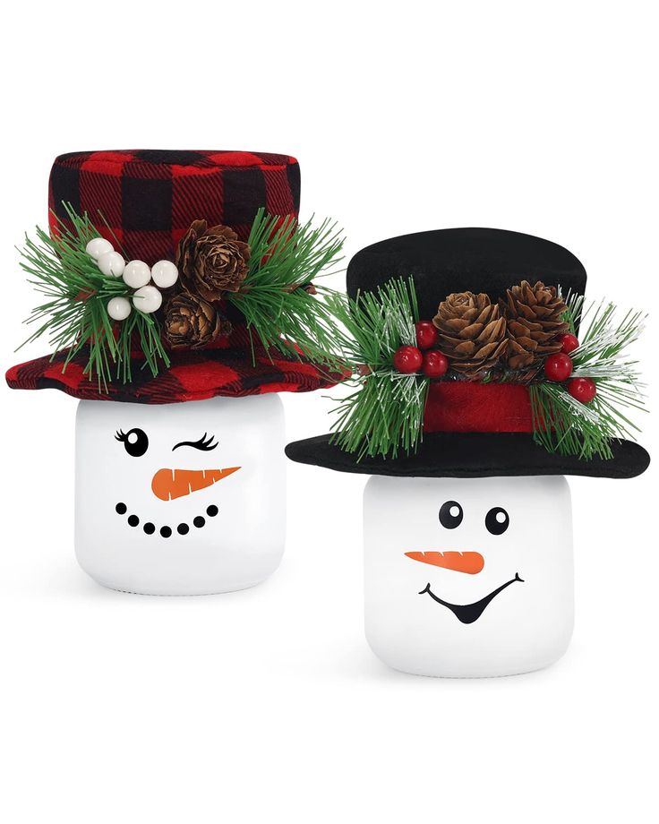 two snowmen with hats and pine cones on their heads