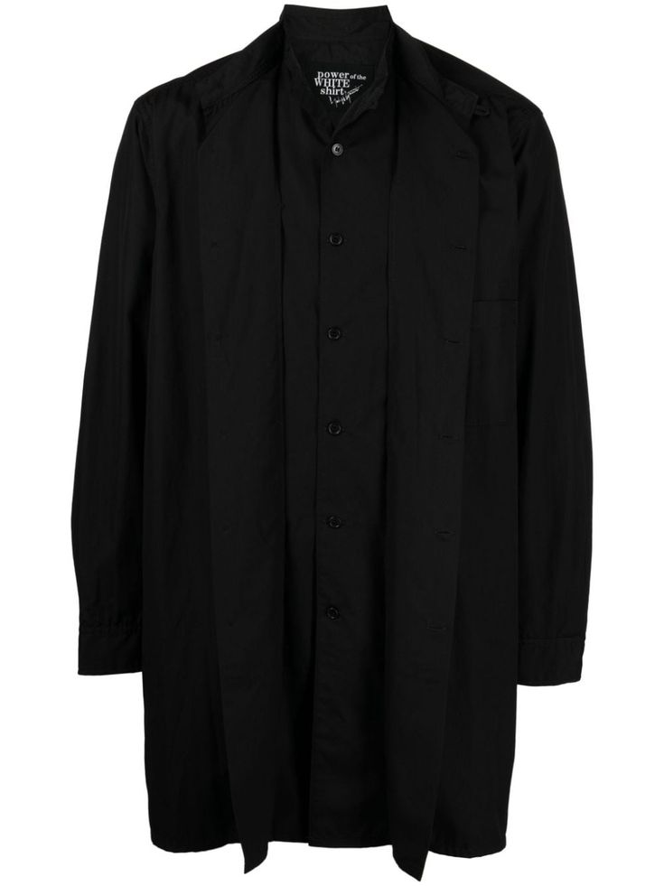 black cotton layered design classic collar front button fastening chest patch pocket long sleeves mid-length straight hem Long Sleeve Layer, Layered Design, Yohji Yamamoto, Layers Design, Mid Length, Black Cotton, Patch Pocket, Black Shirt, Top Brands