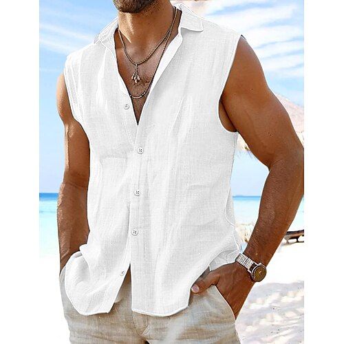 Season:Summer,Spring; Fabric:Cotton And Linen; Sleeve Length:Sleeveless; Look After Me:Washable,Wet and Dry Cleaning; Gender:Men's; Style:Fashion,Comfortable; Tops Type:Button Up Shirt,Beach Wear,Summer Shirt,Linen Shirt,Shirt; Occasion:Vacation,Holiday,Daily,Casual,Streetwear,Hawaiian; Pattern:Plain; Neckline:Collar; Listing Date:07/12/2024