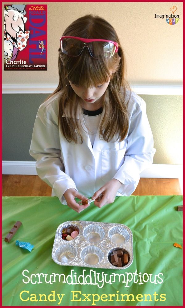 Charlie and the Chocolate Factory Candy Experiments - can't wait to try this with the kids! GREAT for old Easter candy!! Chocolate Activities, Candy Experiments, Sticky Candy, Candy Science, Candy Notes, Kitchen Science Experiments, Chocolate Factory Party, Charlie Chocolate Factory, Wonka Party