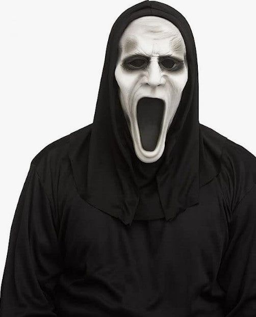 a man in a black hooded jacket with his mouth open and tongue out, wearing an evil mask