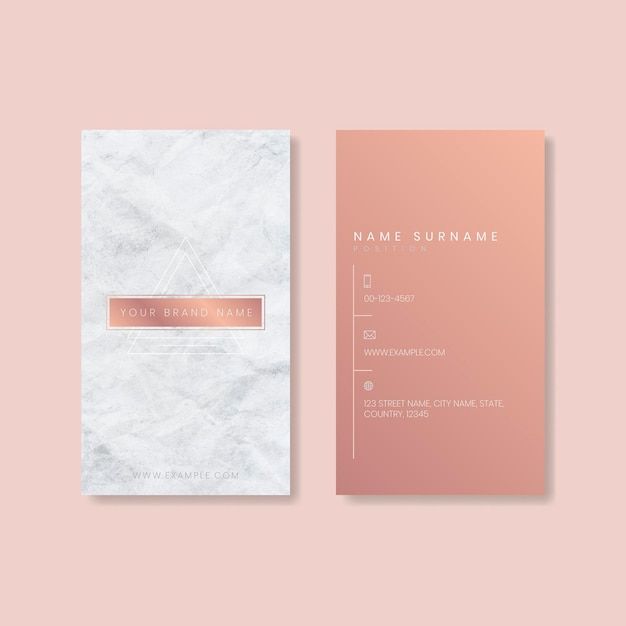 a white and pink marble business card with a rose gold foil stripe on the front