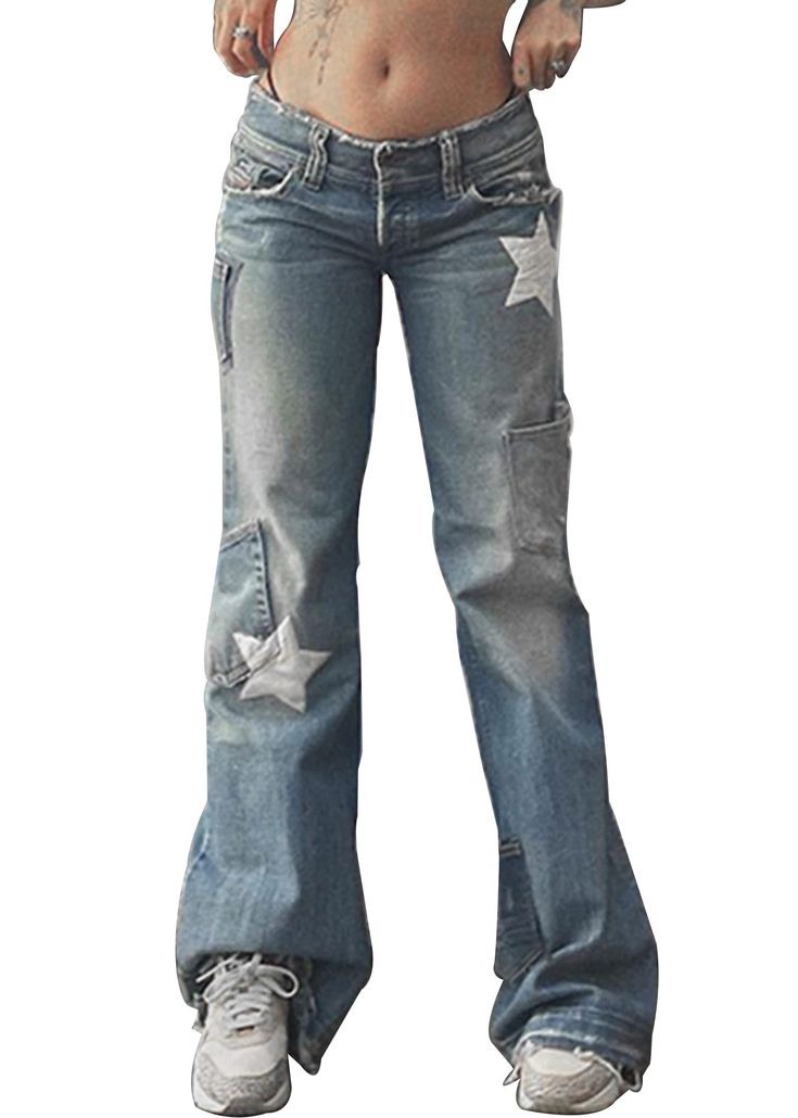 PRICES MAY VARY. [PLEASE NOTE] Please refer to our size chart picture to confirm the appropriate size before purchasing (Not Amazon's), thank you very much. This cargo denim jeans has non stretch, we recommend that you can size up [Baggy Jeans Y2k Pants] This star pants is wearable, skin-friendly and soft, it is more comfortable to wear. Whether you're into e girl, trendy clothes, street style fashion, or soft girl aesthetic clothes, these cyber y2k jeans for women are a perfect choice for a sty Star Print Pants, High Waisted Cargo Pants, Streetwear Girl, Streetwear Jeans, Streetwear Mode, Jean Vintage, Jeans Y2k, Y2k Jeans, Star Jeans