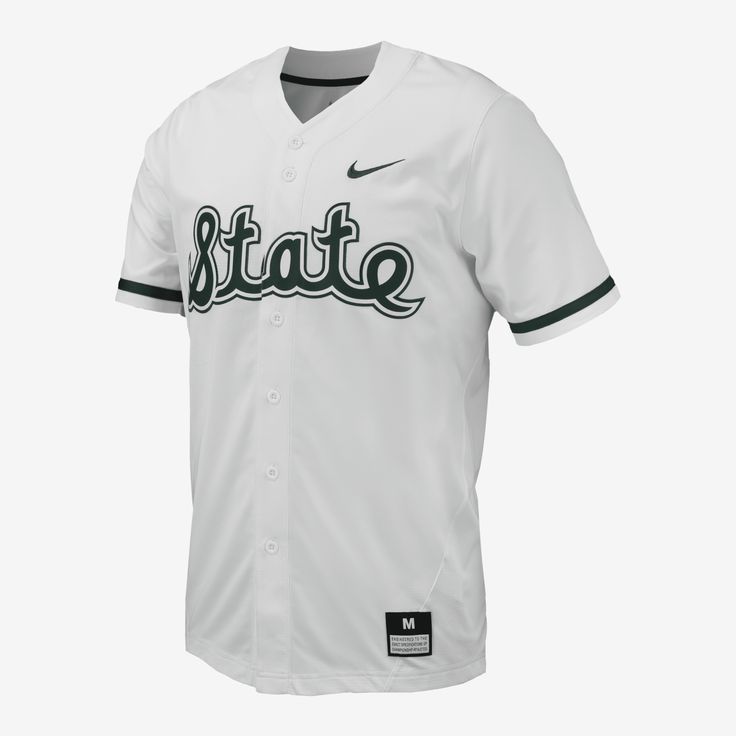 Rep Michigan State Baseball while looking like you just stepped off the diamond yourself in this replica baseball jersey. Team details pair with a button-down design and a classic fit to give you a look that's ready for every day, not just game day. Collegiate Jersey With Baseball Collar In Cotton, Collegiate Cotton Jersey With Baseball Collar, College Cotton Jersey With Baseball Collar, White College Jersey With Team Logo, White Jersey With Baseball Collar For Game Day, College White Jersey With Team Logo, White Baseball Jersey With Team Logo For College, White College Baseball Jersey With Team Logo, White Cotton Jersey For Game Day