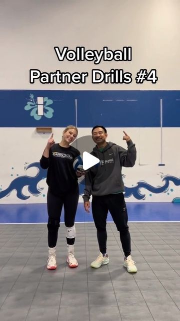 two people standing next to each other in front of a wall with the words volleyball partner drills 4