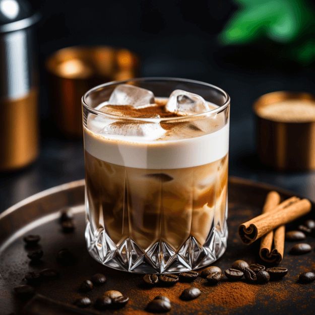 an iced drink with ice and cinnamons on a tray next to some coffee beans