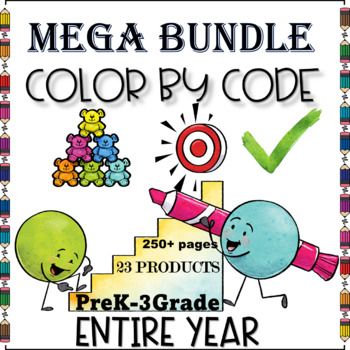 the mega bundle for color by code includes an image of two cartoon characters, one with a