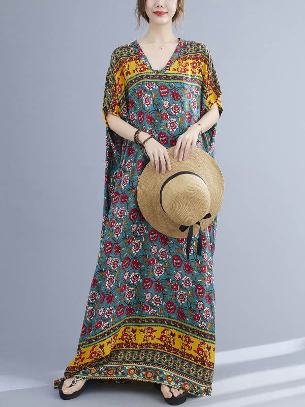 Sku CY-!86766 Material Polyester Style Batwing Sleeves Feature Floral Printed Neckline V-neck Occasion Casual , Vacation , Vintage Seasons Summer Type Maxi Dresses Color SAME AS PICTURE Size FREE SIZE Please consult the size chart we provide for this item's measurements to help you decide which size to buy.Please note: There may be 1-3cm differ due to manual measurement.CMINCH Bust Length FREE SIZE 158 140 Patterned V-neck Maxi Dress, Green Bohemian Dress With Split Neck, V-neck Floral Print Patterned Dress, Patterned V-neck Summer Dress, Multicolor Printed V-neck Dress For Spring, Bohemian V-neck Floral Dress For Summer, Patterned Floral Print V-neck Dress, Spring Printed V-neck Maxi Dress, Vintage V-neck Maxi Dress For Spring