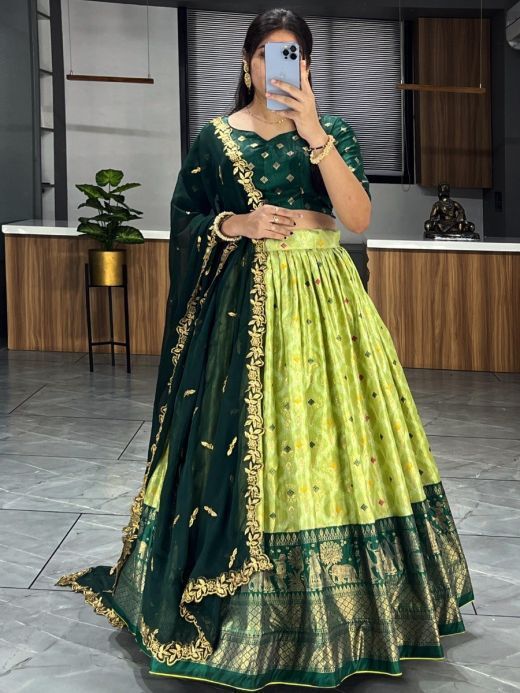 Green Lehenga With Contrast Blouse, Semi-stitched Green Choli For Eid, Green Semi-stitched Lehenga With Dupatta, Semi-stitched Green Lehenga With Dupatta, Green Art Silk Lehenga With Zari Work, Green Art Silk Lehenga For Festive Occasions, Green Bollywood Choli In Dola Silk, Semi-stitched Green Choli For Navratri, Bollywood Style Green Art Silk Lehenga