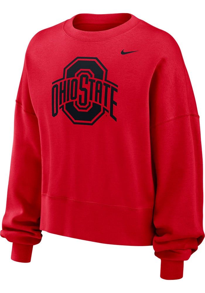 Make your way to the big game in this Ohio State BuckeyesWomens Red Essential Crew Sweatshirt! This Buckeyes Long Sleeve Sweatshirt features a screen print team logo on center chest. Stay warm and comfortable with this Womens The Ohio State University Buckeyes Crew Sweatshirt. Made of 82% cotton / 18% polyester, Drop shoulder, Ribbed cuffs, Ribbed hem, Straight hem, Machine wash cold, tumble dry low, 82% COTTON / 18% POLYESTER, 4 Red Varsity Top With Ribbed Cuffs, Collegiate University Red Sweatshirt For Game Day, University Red Sporty Sweatshirt For Game Day, Sporty University Red Sweatshirt For Game Day, Sporty University Red Crew Neck Sweatshirt, Collegiate Red Sweatshirt For Sports Season, Red Collegiate Sweatshirt For Sports Season, University Red Varsity Sweatshirt With Crew Neck, University Red Varsity Crew Neck Sweatshirt