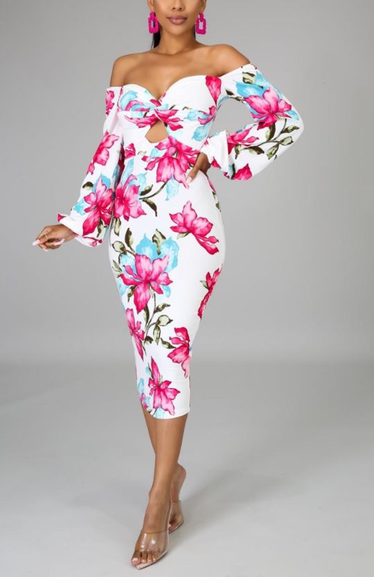 Blossom in this floral print midi dress that hugs all of your curves. Fabric is soft and has ample stretch.Material: 95% Polyester / 5% Spandex Stretch Midi-length Dresses For Brunch, Stretch Midi Dress For Brunch, Midi Length Bodycon Dress For Brunch, Midi-length Bodycon Dress For Brunch, Printed Midi Maxi Dress For Brunch, Stretch Floral Print Midi Maxi Dress, Floral Print Knee-length Midi Dress For Day Out, Floral Print Knee-length Dress For Day Out, Bodycon Midi Dress For Day Out