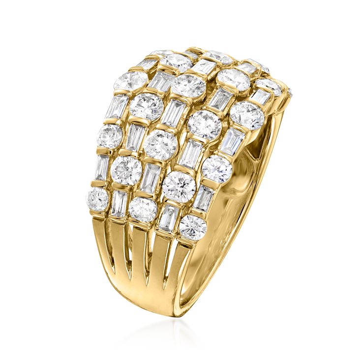 Ross-Simons - 2.00 ct. t. w. Diamond Multi-Row Ring in 14kt Yellow Gold. Size 9. If you're looking to make a dazzling presence, this ring will accomplish just that! Multiple rows of 2.00 ct. t. w. round brilliant-cut and baguette diamonds stand out in polished 14kt yellow gold. 1/2" wide. Diamond multi-row ring. Diamond birthstones are the perfect gift for April birthdays. April Birthday, Diamond Birthstone, Baguette Diamonds, Pave Ring, Women Men Shoes, Ring Diamond, Baguette Diamond, Baguette, The Row