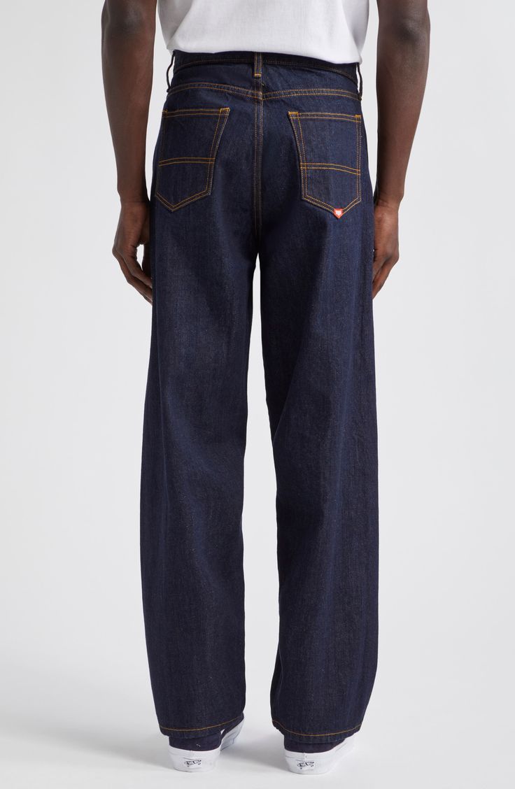 A stovepipe silhouette brings trend-savvy appeal to these jeans crafted from nonstretch Japanese selvedge denim and finished with contrast topstitching. 33" inseam; 19" leg opening; 13 1/2" front rise; 17 1/2" back rise (size 36) Zip fly with button closure Five-pocket style 100% cotton Machine wash, tumble dry Made in the USA Designer Clothing Classic Straight Leg Jeans With Contrast Stitching, Dark Wash Jeans With Contrast Stitching, Dark Wash Rigid Denim Flare Jeans, Dark Wash Flare Jeans In Rigid Denim, Dark Wash Flare Jeans With Rigid Denim, Classic Medium Wash Jeans With Contrast Stitching, Classic Straight Leg Flare Jeans With Contrast Stitching, Mid-rise Denim Jeans With Contrast Stitching, Classic Jeans With Contrast Stitching