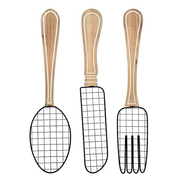 three wooden utensils with wire handles on each side, one is white and the other is black