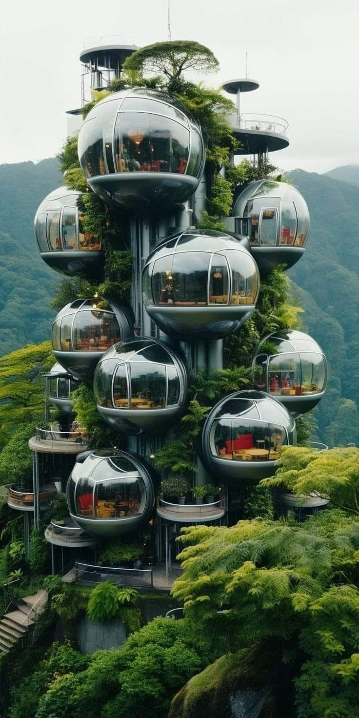 an unusual tree house in the middle of some mountains with trees growing out of it