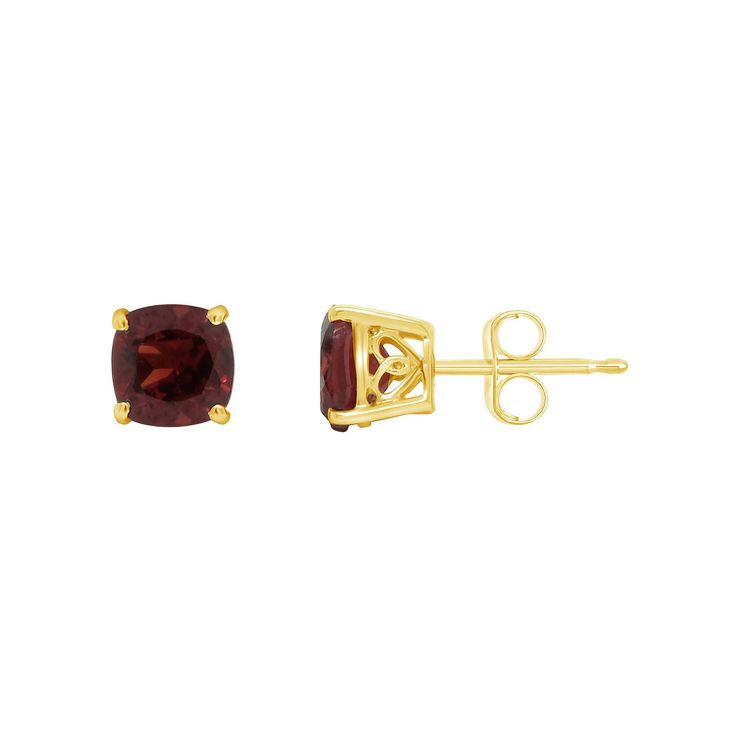 Adorned with elegant cushion-cut garnet, these 14k gold earrings from Alyson Layne make for a lovely accessory you'll treasure. Adorned with elegant cushion-cut garnet, these 14k gold earrings from Alyson Layne make for a lovely accessory you'll treasure. Nickel free Backings: post Packaging: boxed Finish: polished Earring length: 0.25 in.STONE DETAILS Stone type: garnet Total weight: 2 3/8 ct. Stone size: 6 mm Shape: cushion cut Setting: prong Gemstones may have been treated to enhance their ap Elegant Cushion Cut Yellow Gold Earrings, Elegant Yellow Gold Garnet Earrings, Gold Cushions, Cushion Cut, Garnet, Gold Earrings, Stud Earrings, Cushions, Size 6