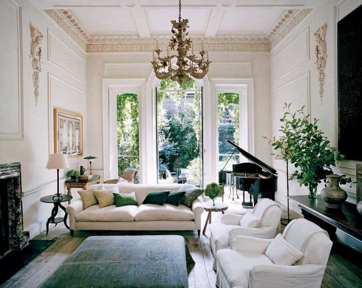 a living room filled with furniture and a piano