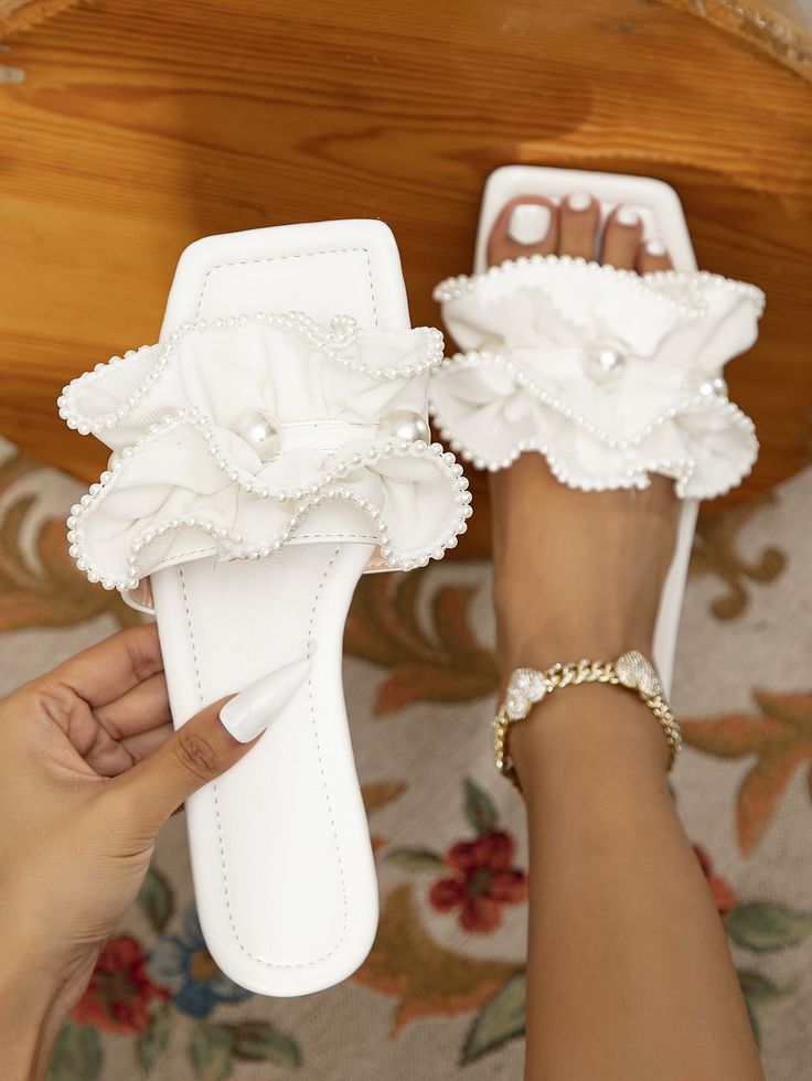 White  Collar     Embellished   Women Shoes Cute Summer Sandals Flats, Bride Beach Shoes, Wedding Shoes Beach Brides, White Wedding Flats, Wedding Flip Flops For Bride, Wedding Wedges For Bride, Beach Wedding Shoes For Bride, Wedding Shoes Bride Flats, Boho Pearl Wedding