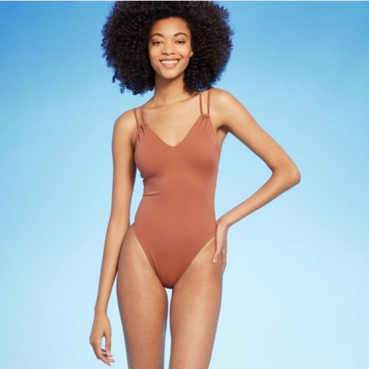 Elastic Shelf Bra Padded Cups High Leg Peachy Brown Tone Size Large Summer Bodysuit With Crisscross Straps For Poolside, Sleeveless Crisscross Strap Bodysuit For Swimming, Summer Poolside Bodysuit With Crisscross Straps, Summer Bodysuit With Crisscross Straps, Stretch Brown Swimwear For Pool, Beach Bodysuit With Crisscross Straps, Brown Stretch Nylon Swimwear, Brown One-piece Swimwear For Summer, Casual Brown One-piece Swimwear