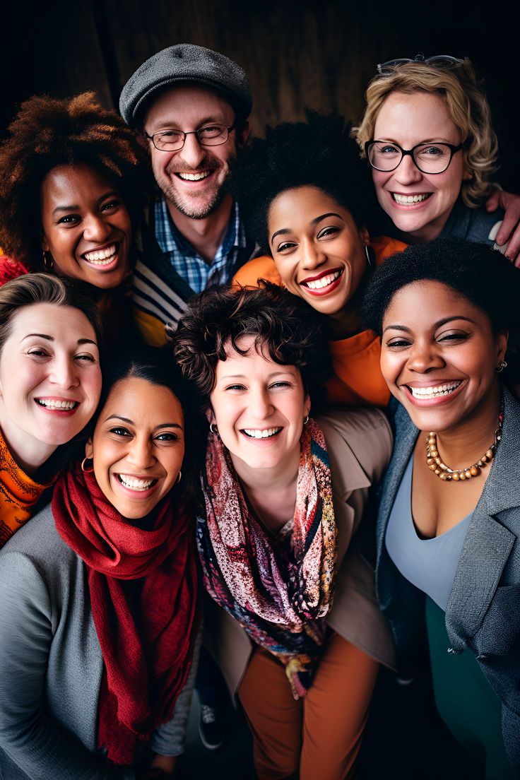 a group of people standing next to each other smiling at the camera with their arms around one another