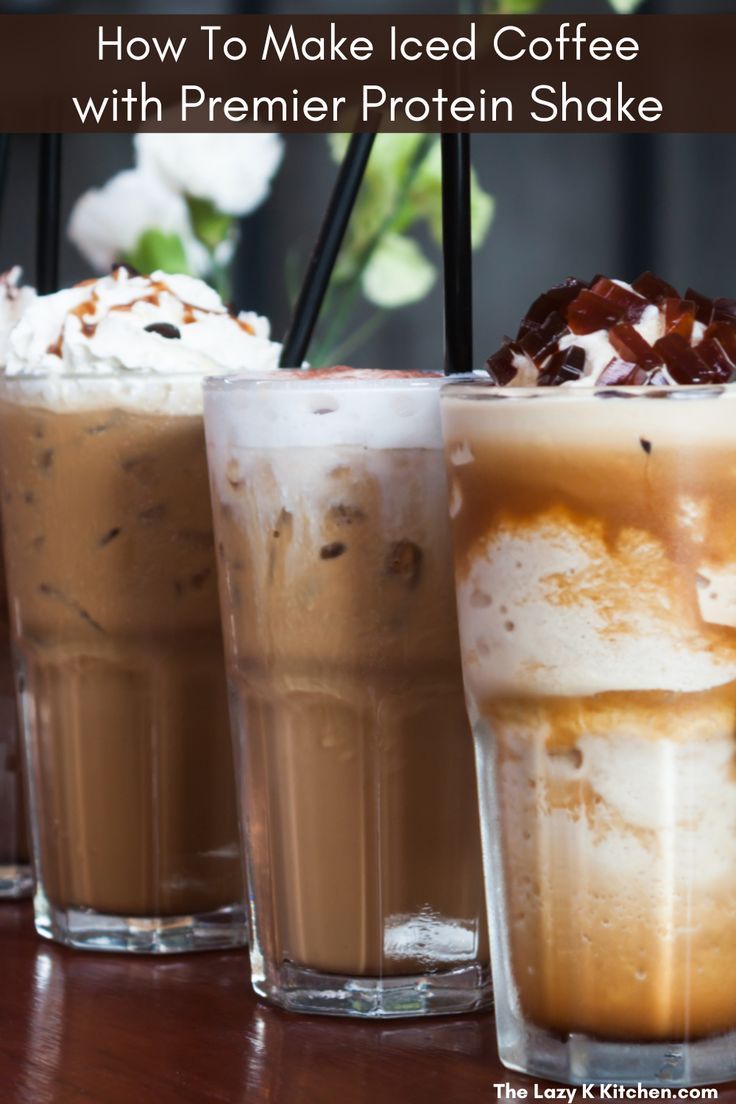 three iced coffee drinks sitting next to each other on a table with text overlay that reads, herbife iced coffee recipes