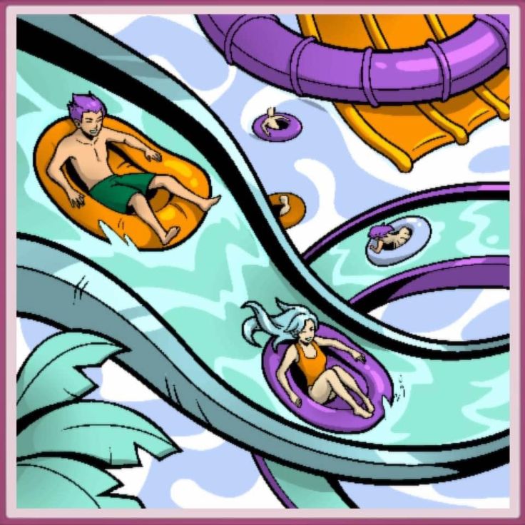 an image of a cartoon scene with people on inflatable rafts and water slides