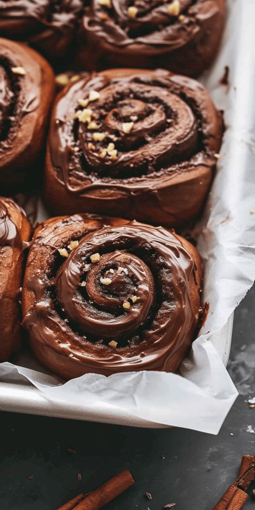 chocolate cinnamon rolls in a pan with cinnamon sticks