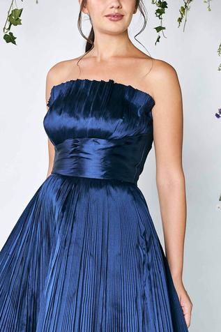 Shop for Shivani Awasty Blue Silk Tafetta Pleated Metallic Gown for Women Online at Aza Fashions A-line Taffeta Gown With Pleated Bodice, Prom Season Party Gown With Pleated Back, Pleated Back Gown For Prom Season Party, Silk Dresses With Accordion Pleats For Evening, A-line Taffeta Gown For Party, Taffeta A-line Gown For Party, Satin Gown With Pleated Bodice For Cocktail, Cocktail Satin Gown With Pleated Bodice, Satin Cocktail Gown With Pleated Bodice