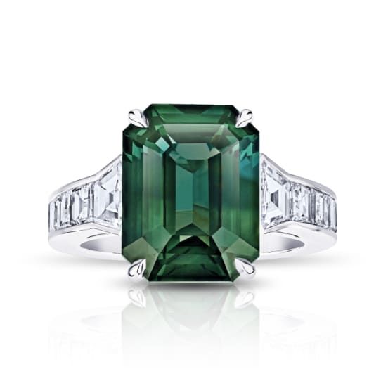 8.61 carat Emerald Green Sapphire with Trapezoid Diamonds carats set in a platinum ring Platinum Diamond Rings, Contemporary Ring, Going Green, Ring Ideas, Green Sapphire, Platinum Ring, Sapphire Jewelry, Green Gemstones, Gem Stone