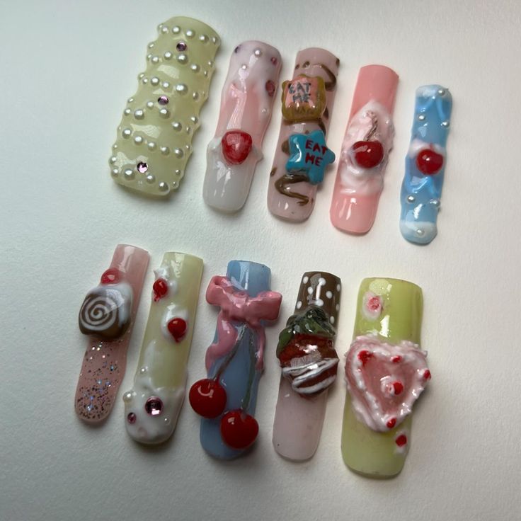 cake nails 🍰 • • • • • #nailsnailsnails #nailart #nails #naildesign #nailinspiration #nailinspo #gelx #gelxnails #gelnails #gelxtension #pressons #pressonnails #pressonnailsforsale #pressonnailset #pressonnailslovers #pressonnailbusiness #cake #cakenails #custom #customset Chunky Charm Nails, Dessert Nails Designs, Cake Nails Design, Candy Nails Designs, Candle Nails, Birthday Cake Nails, Cake Nail Art, Dessert Nails, Cake Nails